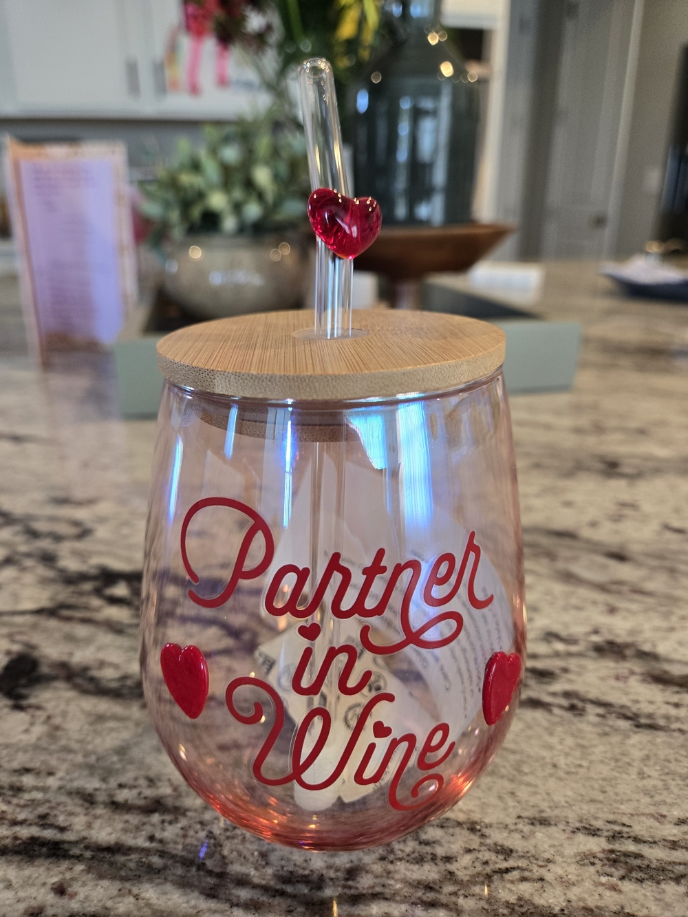 Partner in Wine Pink Stemless Tumbler with Lid and Glass Straw